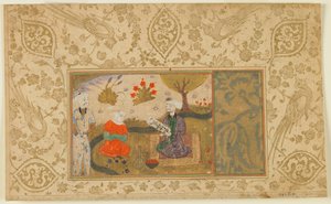 Folio de un texto no identificado; Una mujer conversa con un hombre sentado junto a un arroyo, Irán, c.1500 de Persian School