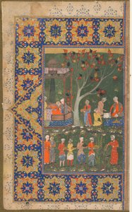 Folio de un texto no identificado; recto: Una fiesta en un jardín, Shiraz, Irán, c.1570 de Persian School