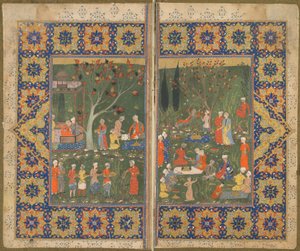 Folio de un texto no identificado; verso: Una fiesta en un jardín, Shiraz, Irán, c.1570