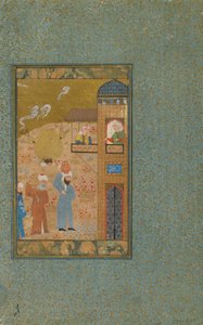 Folio de un texto no identificado; verso: Dos hombres con jarras se acercan a un edificio, Shiraz, Irán, c.1520