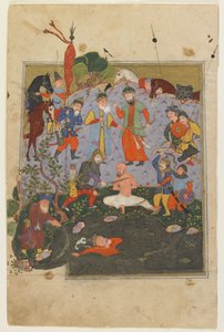Garsivaz siendo azotado mientras Afrasiyab es arrastrado del lago de un Shahnama de Persian School