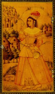 Interior de una caja de espejo pintada con una dama europea estilizada sosteniendo una copa de vino y una botella, siglo XVII de Persian School