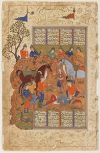Iskandar consuela al moribundo Darab de un Shahnama de Persian School