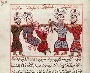 Medicina: intervención ortopédica. Miniatura tomada de un tratado de medicina turca por Charaf-ed-din (1404-1468) después de 