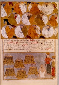 Tiendas mongolas y prisioneros de Genghis Khan (1162-1227): Genghis Khan arroja a los seguidores de Djamuqua, un mongol de la tribu Jadjirat, a los calderos. Miniatura persa tomada de “Jami al-tawarikh” (Jami al tawarikh) o “Historia Universal” de Persian School