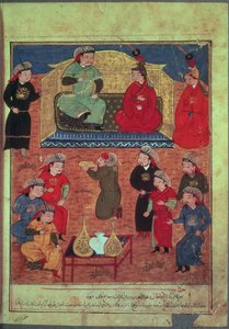 Ms. Supp. Pers. 1113 fol.203v Arghan Khan con dos de sus esposas y su hijo Ghazan, de un libro de Rashid ad-Din de Persian School