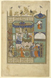 Nushirvan entrevista al intruso en su harén, c.1600 de Persian School