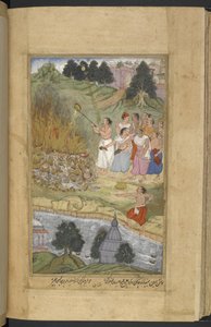 Or.12076 f.130v Arjuna quemando los cuerpos después de la batalla entre Andhakas y Yadavas en Prabhasa en la costa de Gujarat. Se vierte ghee sobre la pira funeraria (Narayan) del Razmnāmah (ʻLibro de la guerraʼ), traducción del Mahabharata de Naqib de Persian School