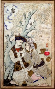 Retrato del sha Abbas I con uno de sus pajes, firmado Muhammad Qasim