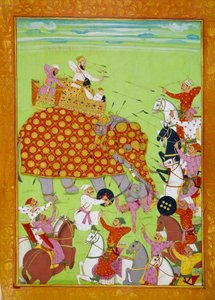 Representación de Murad Baksh (1624-1661), hijo del emperador mogol Shah Jehan luchando en un elefante. Miniatura persa del siglo XVII de Persian School