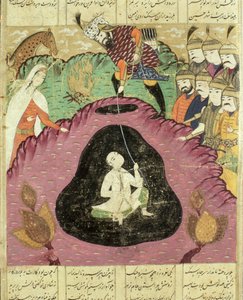 Rostam rescatando a Bijan de la cueva, ilustración del Shahnama (Libro de los Reyes) por Abul-Qasim Manur Firdawsi (c.934-c.1020) 1619
