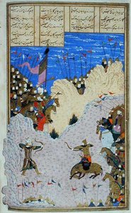 Rustam dispara a Ashkabus y su caballo, ilustración del 