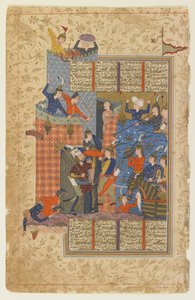 Rustam y sus hombres atacan el palacio de Afrasiyab, de un Shahnama de Persian School