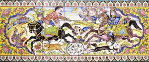 Segundo cartucho de un panel largo de azulejos de cuerda seca, que representa escenas de caza y batalla, siglo XIX