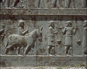 Pueblos sometidos traen regalos a Darío I. Relieves de la escalera oriental de la Apadana, siglo VI a.C.