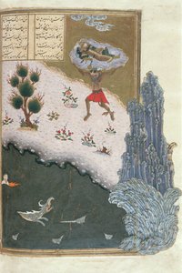 El Rustam dormido llevado por el aire por el demonio Akwan, ilustración del Shahnama (Libro de los Reyes) de Abul-Qasim Manur Firdawsi de Persian School