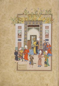 El testigo infantil testifica la inocencia de Yusuf, folio del Haft awrang (Siete tronos) de Jami