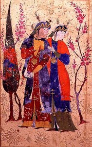 Dos princesas en un paisaje de jardín, de la Tohfat Al-Ahrar, Escuela de Bokhara de Persian School