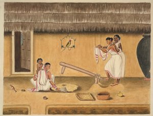 Mujeres pelando arroz con un dhenki, c.1840 (acuarela sobre papel) de Persian School
