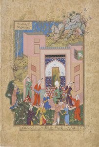 Yusuf predica a las doncellas de Zulaykha en su jardín, folio del Haft awrang (Siete tronos) de Jami