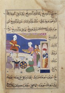 f.83v Preparación de dulces para el sultán de Mandu, de un manuscrito sobre cocina india (vitela) de Persian School