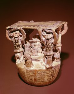 Deidad en trono con dosel sostenido por cortesanos, Cultura Recuay (cerámica) de Peruvian School