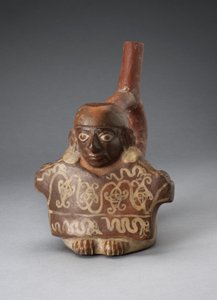 Vasija con asa en forma de estribo que representa a un hombre sosteniendo un textil decorado, 100 a.C.-A.D. 500 de Peruvian School