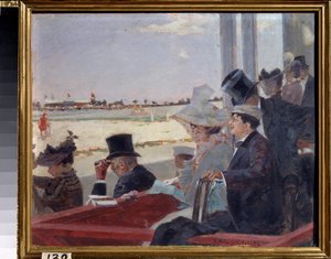 Las carreras de caballos. Espectadores en la tribuna viendo la competición ecuestre. Pintura de Piotr Alexandrovich Nilus (Pierre Nilous) (1869-1940/1943), óleo sobre madera