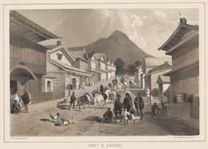 Calle en Hakodadi, litografía por Sarony y Co., 1855