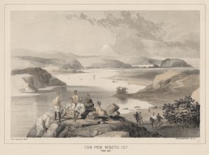 Vista desde la isla Webster, bahía de Yedo, litografía de Sarony y Co., 1855