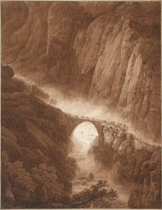 El puente del diablo en la garganta de Schöllenen en el camino a través del paso de San Gotardo con una caravana de mulas de Peter Birmann