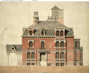 Casa de Eliphalet W. Blatchford, Chicago, Illinois, elevación de LaSalle Street y sección parcial de Peter Bonnett Wight