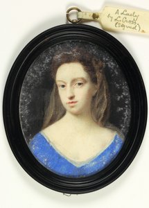 Una dama con corpiño azul y capucha marrón de Peter Cross