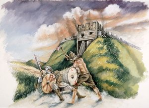 Cynric luchando contra los britanos en Old Sarum, 552 d.C., c. 1990-2010 de Peter Dunn