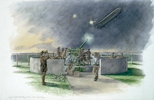 Batería de Lodge Hill, disparando a un zepelín alemán durante la Primera Guerra Mundial de Peter Dunn