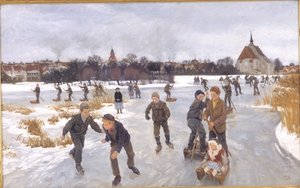Niños patinando fuera de Fåborg de Peter Hansen