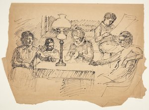 La familia del artista sentada alrededor de una mesa con una lámpara de petróleo de Peter Hansen