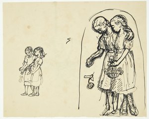 Dos niñas pequeñas esparciendo flores. Dos bocetos en la misma hoja de Peter Hansen