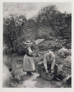 Un anciano y su hija en el jardín