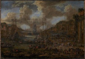 Puerto del sur con numerosas figuras en la orilla de Peter II Casteels