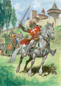 Un caballero ante un castillo (gouache sobre papel)
