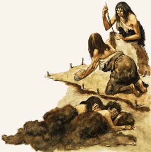 Una familia de la Edad de Piedra raspa pieles para hacer ropa de Peter Jackson