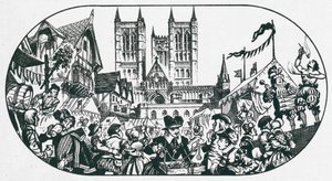 Una feria en una calle frente a la catedral de Lincoln (litografía)