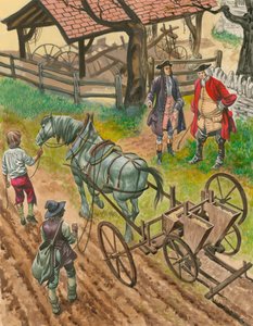 Un agricultor mostrando a sus trabajadores usando la nueva máquina de perforación inventada por Jethro Tull