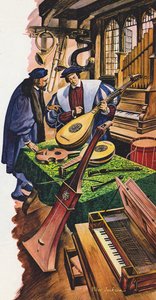 Un fabricante de instrumentos musicales en su tienda en tiempos Tudor
