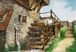 Un viejo molino de agua junto a un arroyo
