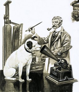 Artista pintando al perro escuchando un gramófono