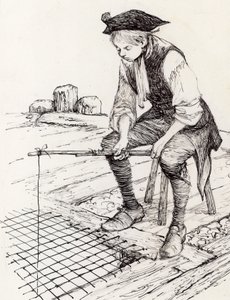Niño pescando en la Capilla de San Tomás en el Puente Viejo de Londres de Peter Jackson