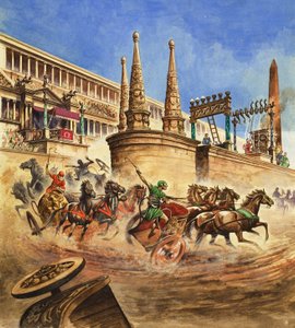 Carrera de cuadrigas (gouache sobre papel)
