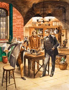 Edison demostrando el primer fonógrafo en su laboratorio de Peter Jackson